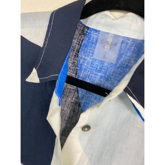 Calia Womens Linen Blend Button Up Top size Small Blue White Abstract Oversized - Picture 11 of 15